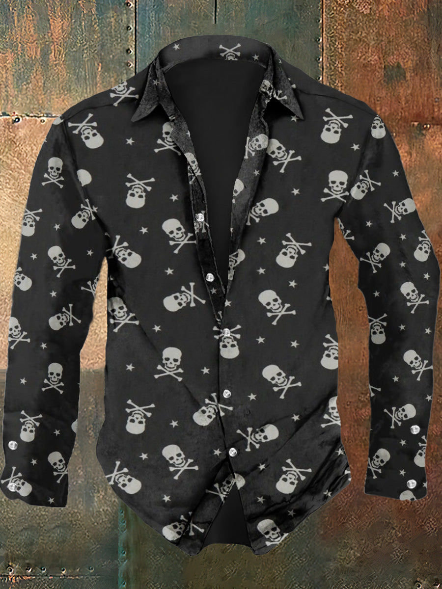 Mäns Retro Skull Print Casual Mode Långärmad Skjorta