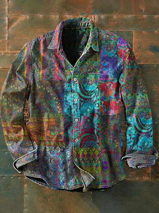 Unisex mäns Vintage Ethnic Multicolor Geometrisk Floral Abstract Skriv ut Casual Long Slem skjjorta