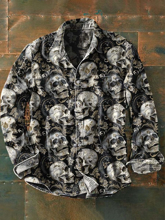 Mäns Vintage Skull Floral Print Casual Lång ärm skjjorta