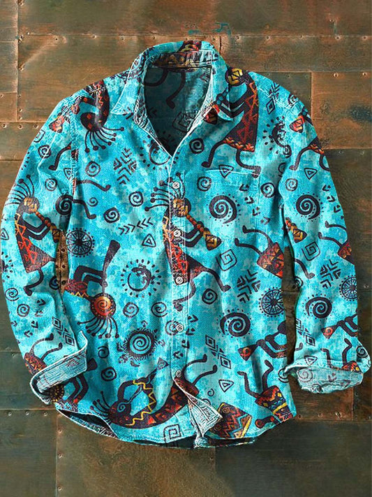 Mens Vintage Tribal Etnisk Print Casual Long Slem Skjorta