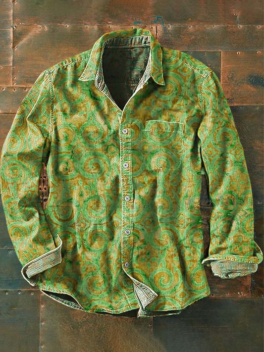 Mäns Vintage Western Print Casual Lång ärm skjjorta