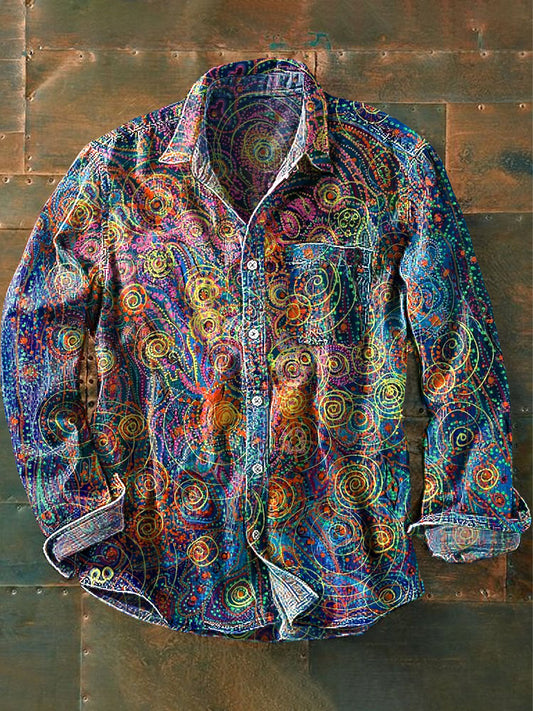 Unisex Vintage Multicolor Abstract linje konst tryckt lapel lång ärm Pocket skjorta