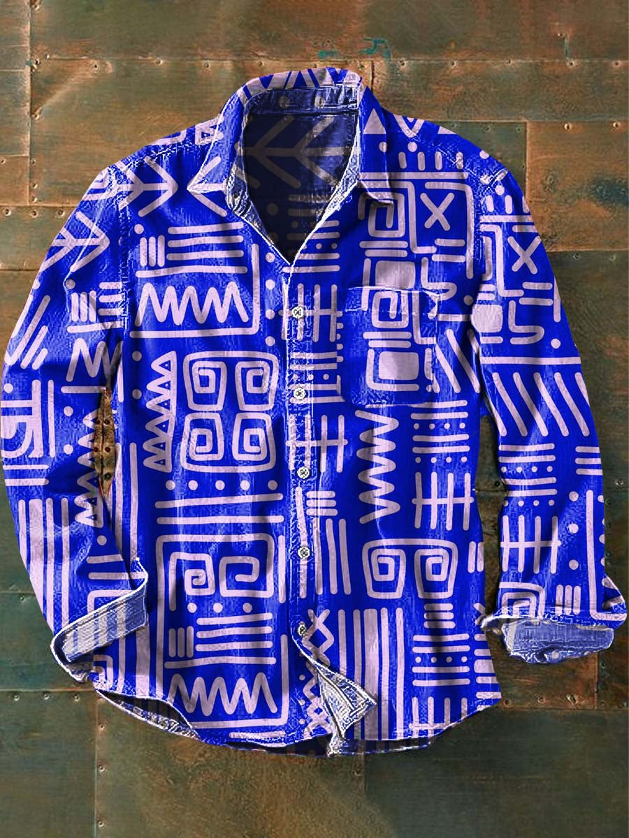 Mäns Vintage Tribal Etnisk Print Casual Lapel Lång ärm skjorta