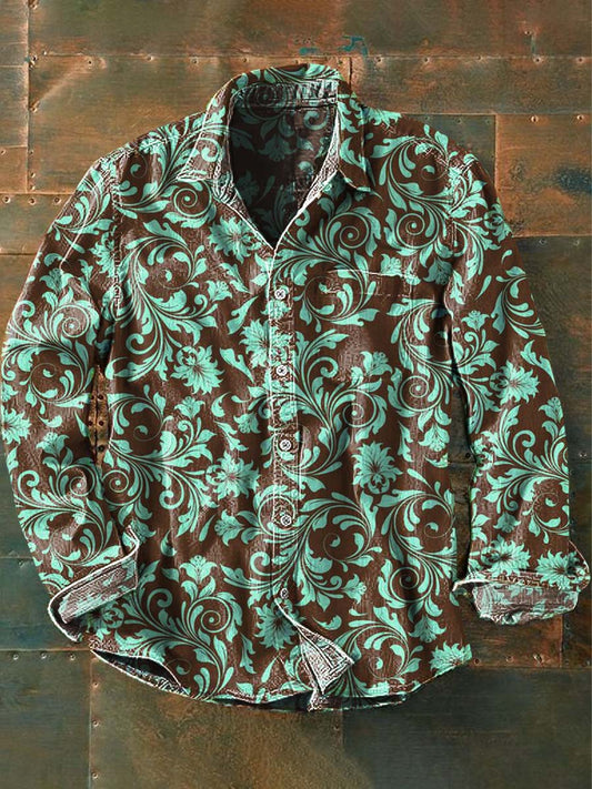 Mäns Vintage Western Print Casual Lång ärm skjjorta