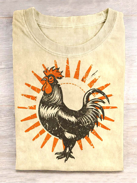 Unisex Vintage Sun kyckling utskrift Kort ärm T-shirt