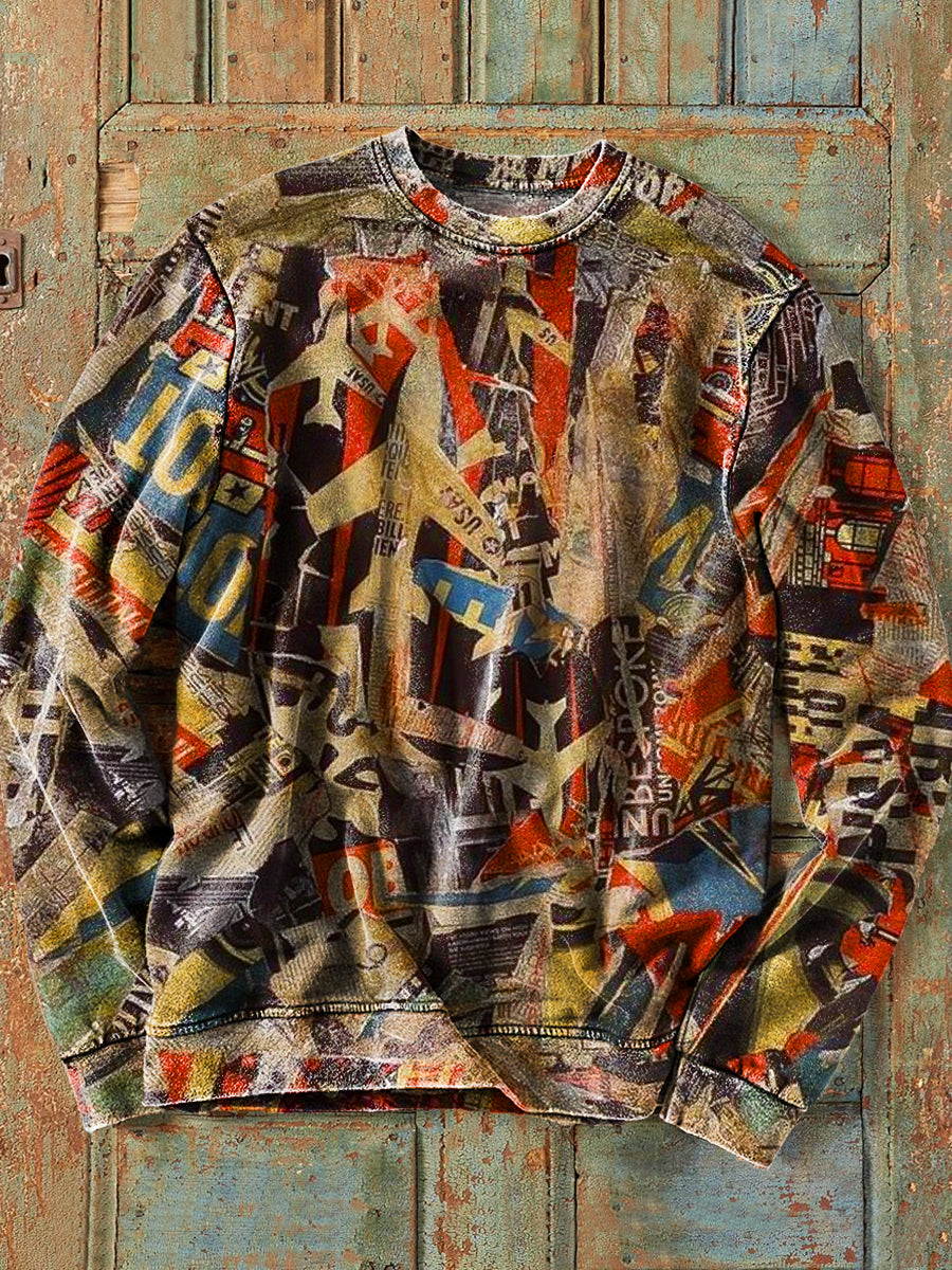 Mäns Vintage flygplan Tidning Patchwork Konst Print Besättning Nacke Sweatshirt