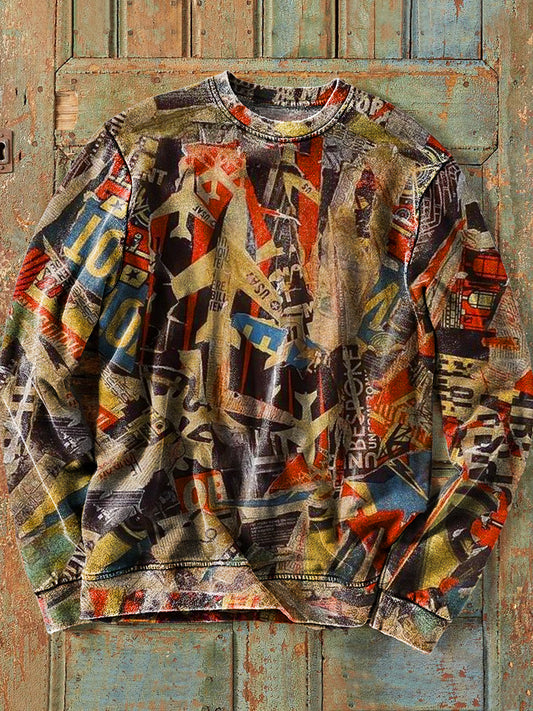 Mäns Vintage flygplan Tidning Patchwork Konst Print Besättning Nacke Sweatshirt