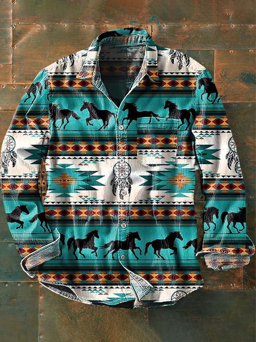 Mäns Vintage Western Cowboy Print Casual Långärm skjorta