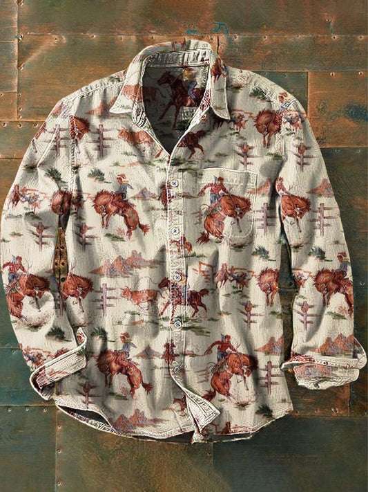 Mäns Vintage Western Cowboy Print Casual Långärm skjorta