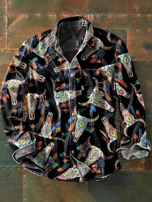 Mäns Vintage Western Cowboy Print Casual Långärm skjorta