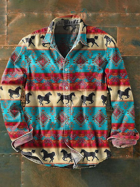 Mäns Vintage Western Cowboy Print Casual Långärm skjorta