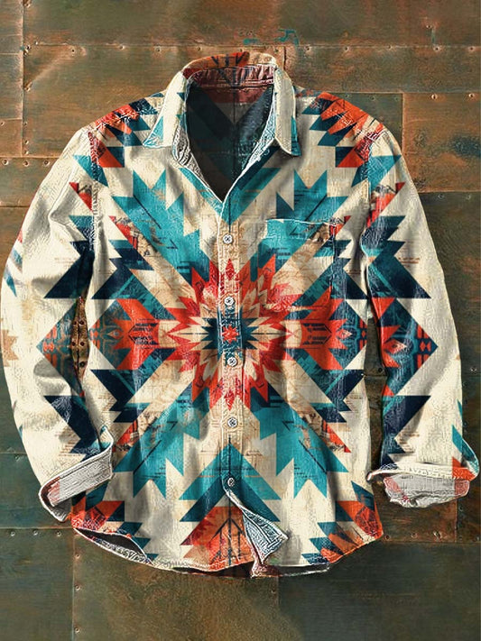 Mäns Vintage Western Cowboy Print Casual Långärm skjorta